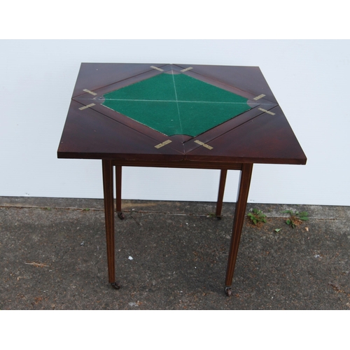 351 - Edwardian marquetry inlaid envelope card table, with all over chequered coromandel and satinwood inl... 