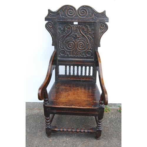 358 - Charles II period oak Wainscot chair, probably South Yorkshire origin, early to mid 17th century, wi... 