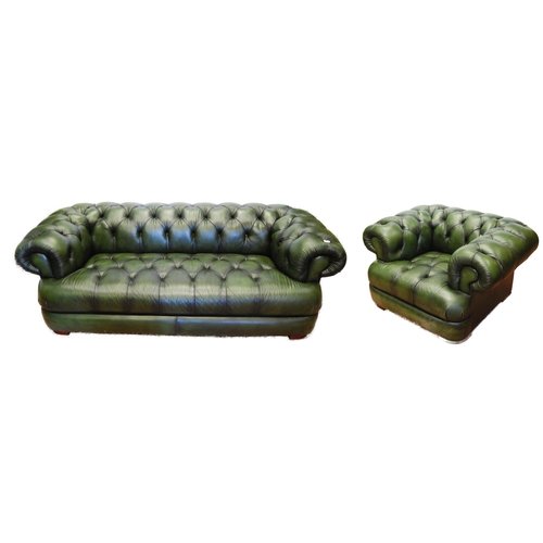 357 - Chesterfield club-style green three-seater sofa and a matching armchair, sofa approximately 60cm hig... 