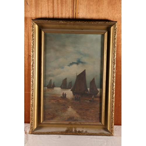 10 - EAW, Fishing boats, oil on canvas, signed lower right with initials, 45cm x 30cm, gilt frame 57cm x ... 