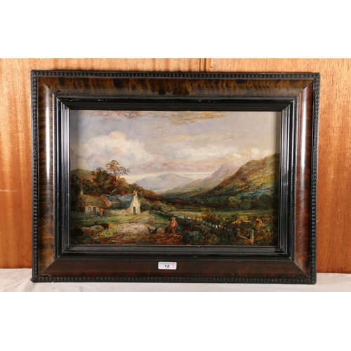 12 - SCOTTISH SCHOOL, Highland landscape with figure and dog by a cottage, oil, 28cm x 44cm, frame 44cm x... 