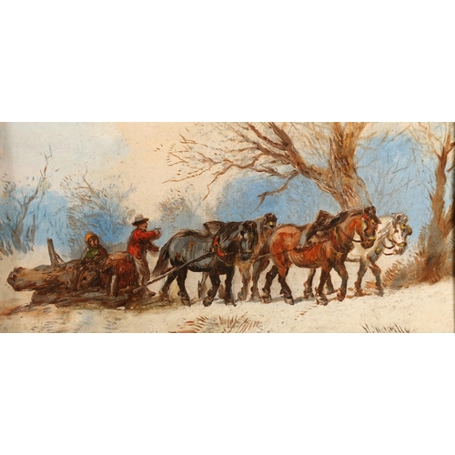 13 - H MELVILLE, Horses pulling logs, a pair of oils on canvas, 19cm x 39cm, gilt frames 26cm x 46cm. (2)... 