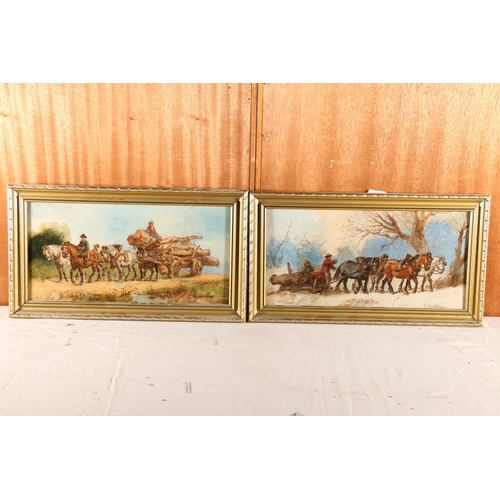 13 - H MELVILLE, Horses pulling logs, a pair of oils on canvas, 19cm x 39cm, gilt frames 26cm x 46cm. (2)... 