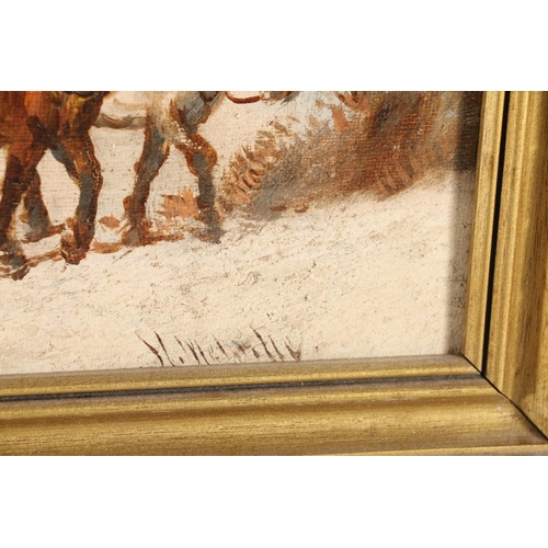 13 - H MELVILLE, Horses pulling logs, a pair of oils on canvas, 19cm x 39cm, gilt frames 26cm x 46cm. (2)... 