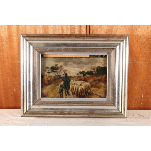 14 - 19TH CENTURY SCHOOL, Shepherd with flock, oil on canvas, unsigned, 14cm x 21cm, frame 28cm x 36cm. #... 