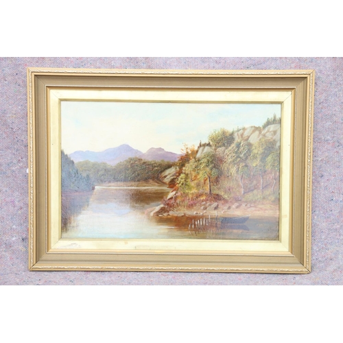 17 - SCOTTISH SCHOOL, River bend and mountains with boat in foreground, oil on board, 30cm x 49cm, gilt f... 