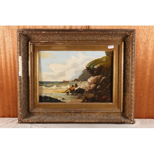 18 - A JAMES, Fisherman on a beach with boats by the coast in the background, oil on canvas, signed and d... 