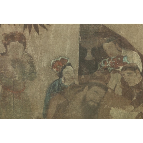 24 - Chinese ancestor print depicting male figures in ceremony, with fabric mount, 32cm x 79cm, frame 56c... 