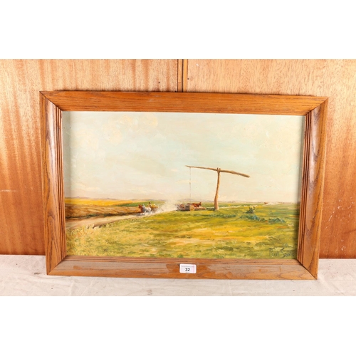 32 - PAUL SZOLS, Prairie Well, oil on board, signed and dated '59 lower right, 34cm x 55cm, oak frame 42c... 