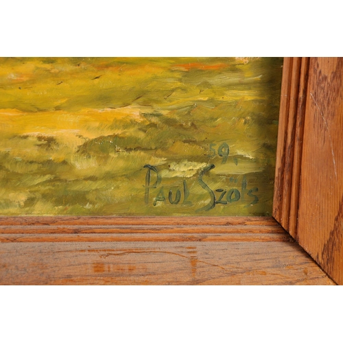 32 - PAUL SZOLS, Prairie Well, oil on board, signed and dated '59 lower right, 34cm x 55cm, oak frame 42c... 