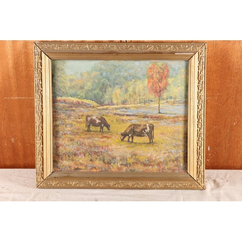 39 - HSB, Farm scene with two cows in a field, oil on canvas, 24cm x 29cm, gilt frame 32cm x 37cm. #263