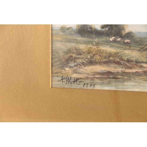 4 - A WATTS, Windmill, watercolour, signed and dated 1909 lower left, 25cm x 57cm, gilt frame 53cm x 83c... 