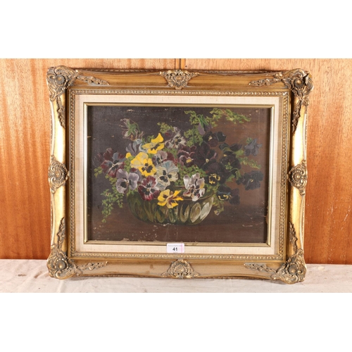 41 - 19TH CENTURY SCHOOL, Still life vase of pansies, oil on canvas, unsigned, 29cm x 39cm, gilt frame 45... 