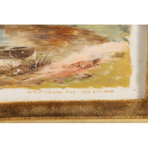 44 - 19TH CENTURY SCHOOL, Camstraddan Bay Loch Lomond, oil painting on glass, 15cm x 25cm, velvet frame 3... 