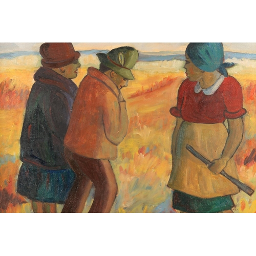 46 - IRIS AMPENBERGER (South African 1916-1981), Figures in a landscape, oil on board, 49cm x 59cm, frame... 