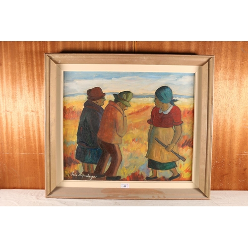 46 - IRIS AMPENBERGER (South African 1916-1981), Figures in a landscape, oil on board, 49cm x 59cm, frame... 