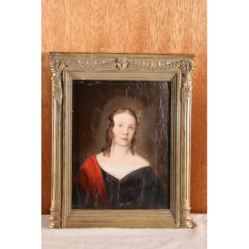 58 - 19TH CENTURY SCHOOL, Half-length portrait of a lady in black gown with red shawl, oil painting, unsi... 