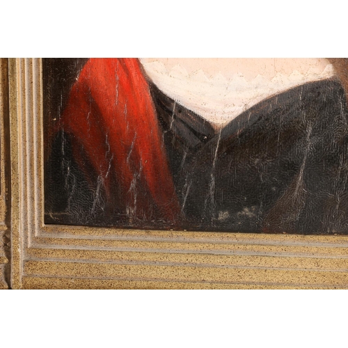 58 - 19TH CENTURY SCHOOL, Half-length portrait of a lady in black gown with red shawl, oil painting, unsi... 