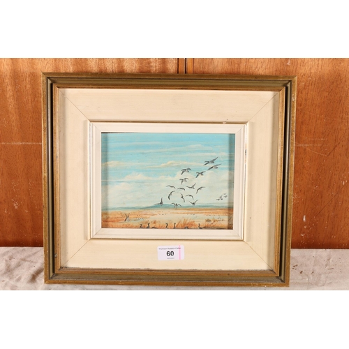 60 - 20TH CENTURY SCHOOL, Birds taking flight, perhaps Canadian Geese, oil painting, unsigned, 13cm x 18c... 