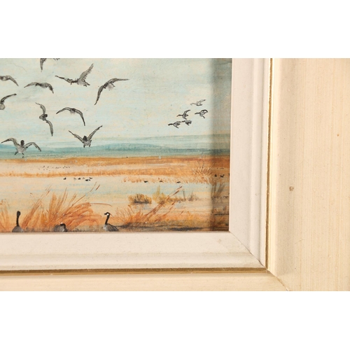 60 - 20TH CENTURY SCHOOL, Birds taking flight, perhaps Canadian Geese, oil painting, unsigned, 13cm x 18c... 