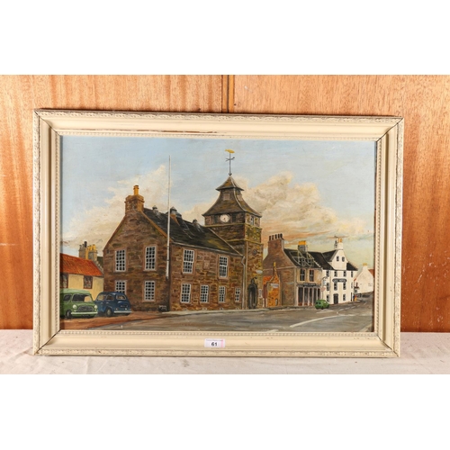 61 - I ANDERSON, Crail Main Street, oil painting, signed and dated 1970 verso, 34cm x 58cm, white frame 4... 