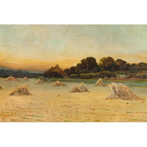 65 - 19TH CENTURY SCHOOL, Haystacks, oil on canvas, unsigned, 34cm x 52cm, frame 39cm x 57cm.