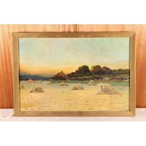 65 - 19TH CENTURY SCHOOL, Haystacks, oil on canvas, unsigned, 34cm x 52cm, frame 39cm x 57cm.