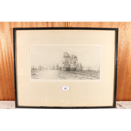 66 - WILLIAM LIONEL WYLLIE RA (British 1851-1931), Duelling ships Battle of Trafalgar, etching, pencil si... 