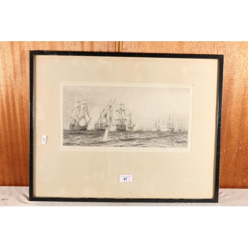 67 - WILLIAM LIONEL WYLLIE RA (British 1851-1931), Duelling ships Battle of Trafalgar, etching, pencil si... 