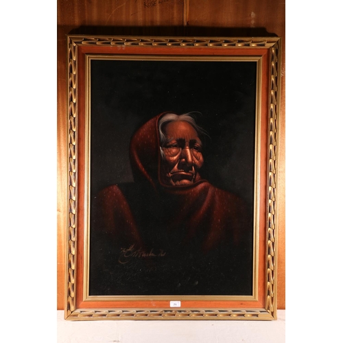 71 - 20TH CENTURY SCHOOL, Bust length portrait of an elderly women, oil on textile, signed indistinctly l... 