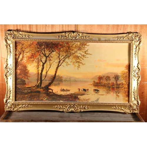 72 - J CROFSEY, Mountain Lakes, oleograph, 46cm x 89cm, in ornate gilt frame 62cm x 105cm.