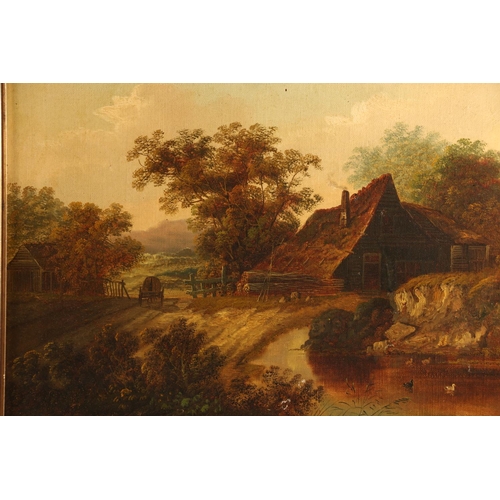 8 - Manner of PATRICK NASMYTH, Farm scenes (a pair), oils on board, 33cm x 43cm, gilt frames 44cm x 54cm... 