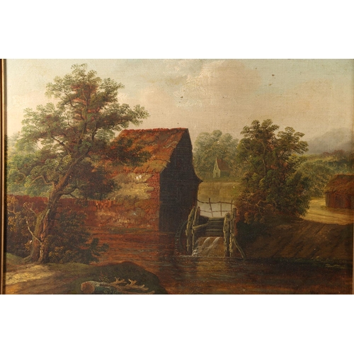 8 - Manner of PATRICK NASMYTH, Farm scenes (a pair), oils on board, 33cm x 43cm, gilt frames 44cm x 54cm... 