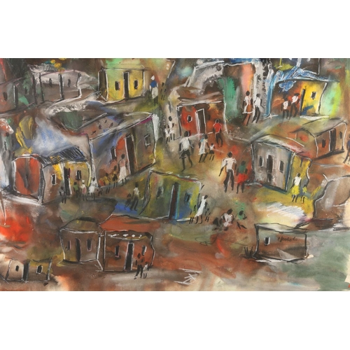 83 - E KOEBEL, African town scene, mixed media, signed, 51cm x 72cm, frame 63cm x 83cm.  #372