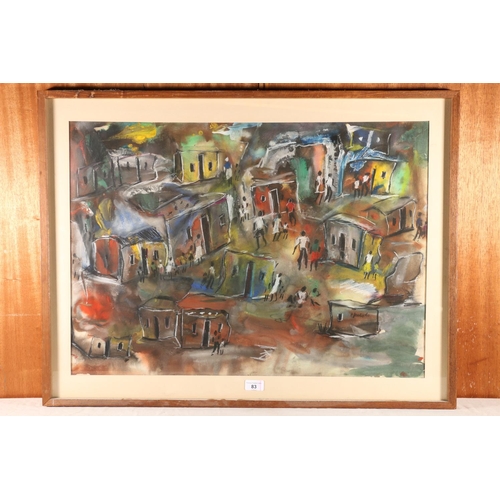 83 - E KOEBEL, African town scene, mixed media, signed, 51cm x 72cm, frame 63cm x 83cm.  #372