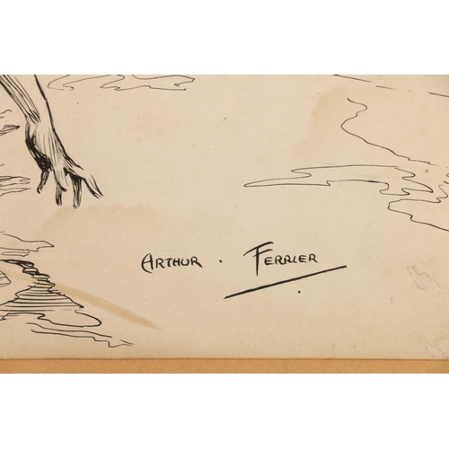 84 - ARTHUR FERRIER, Female bather, ink sketch, signed lower right, 23cm x 35cm, frame 39cm x 49cm. #393