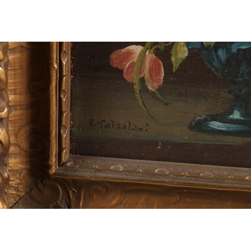 9 - E COLLZOLANI, Still life with vase of flowers, oil on board, signed lower left, 21cm x 18cm, gilt fr... 