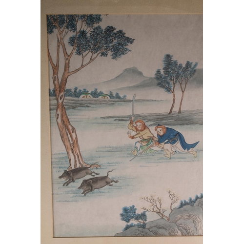 23 - CHINESE SCHOOL, set of four watercolours: Rabbit Hunting; Bird Hunting; Leopard Hunting; and Boar Hu... 