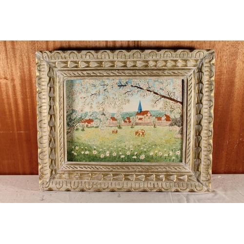 64 - R BOURDIN, Orgeval, a continental village with cows grazing in a meadow, oil painting, signed lower ... 