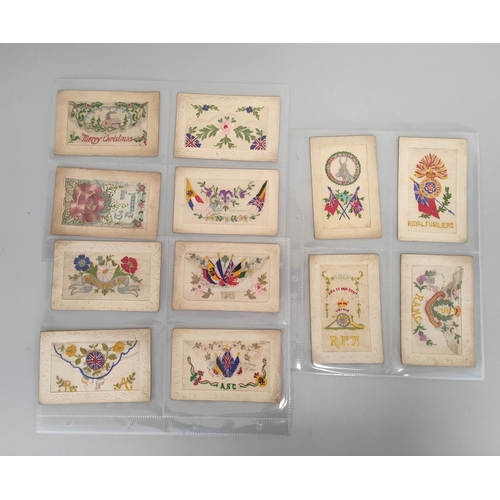 198 - WW1. Silk postcards to include examples from the Royal Fusiliers, RAMC, Royal Field Artillery, among... 