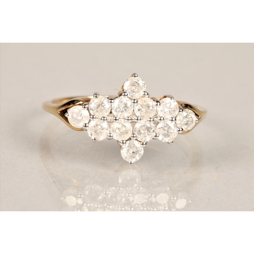 100 - Ladies 9k yellow gold diamond cluster ring, ring size Q