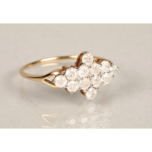 100 - Ladies 9k yellow gold diamond cluster ring, ring size Q