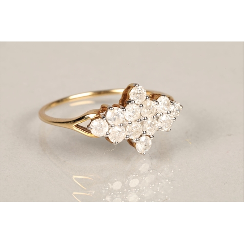 100 - Ladies 9k yellow gold diamond cluster ring, ring size Q