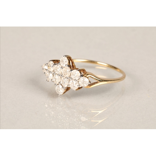 100 - Ladies 9k yellow gold diamond cluster ring, ring size Q