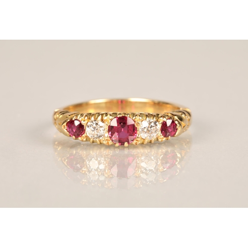 106 - Ladies diamond & ruby ring, three graduated rubies interspersed by two 0.1 carat diamonds set on... 