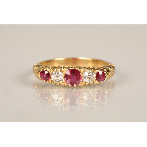 106 - Ladies diamond & ruby ring, three graduated rubies interspersed by two 0.1 carat diamonds set on... 