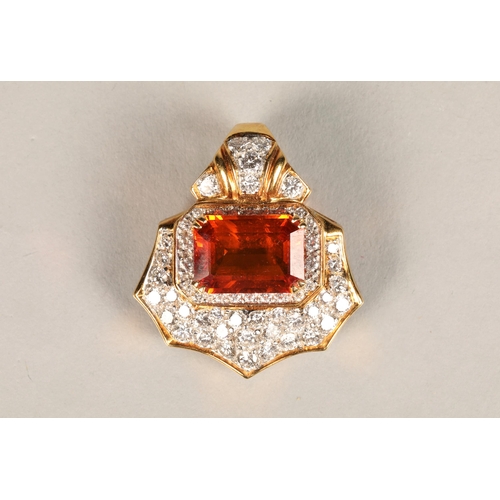 107 - Ladies 18ct yellow gold orange sapphire & diamond cluster pendant, central emerald cut orange sa... 