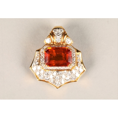 107 - Ladies 18ct yellow gold orange sapphire & diamond cluster pendant, central emerald cut orange sa... 