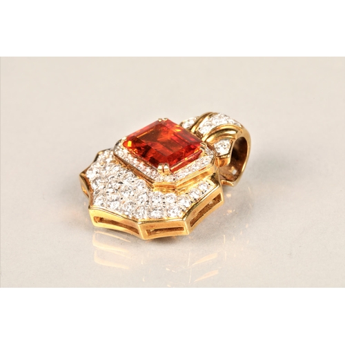 107 - Ladies 18ct yellow gold orange sapphire & diamond cluster pendant, central emerald cut orange sa... 