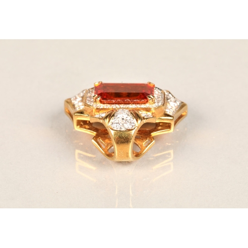 107 - Ladies 18ct yellow gold orange sapphire & diamond cluster pendant, central emerald cut orange sa... 